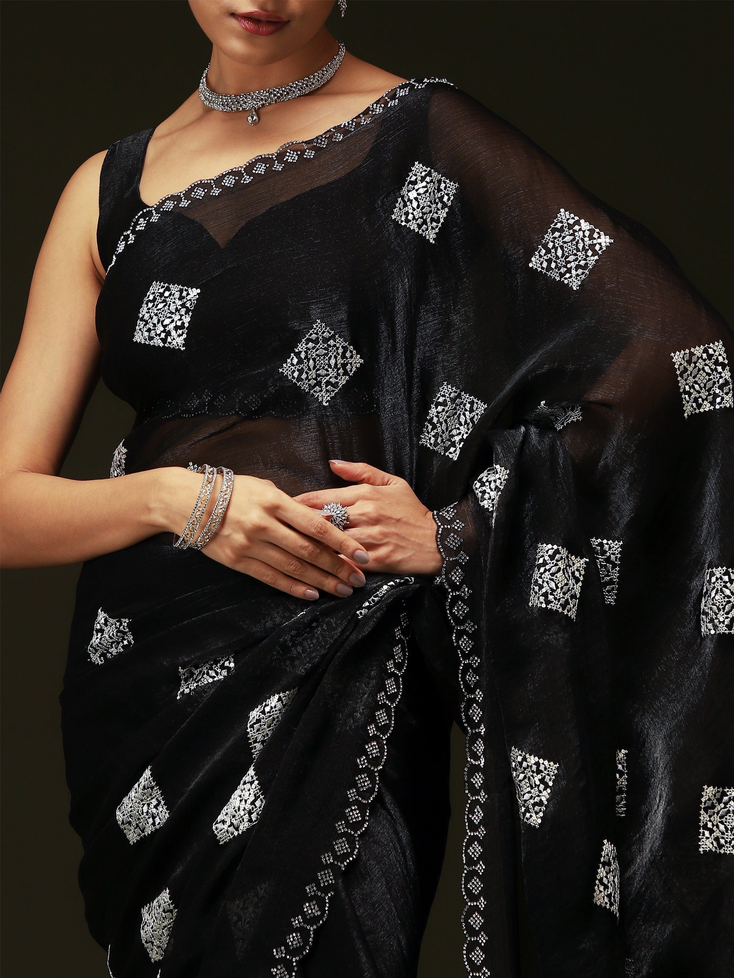 Jet Black Chiffon Embroidery Saree - Ressa