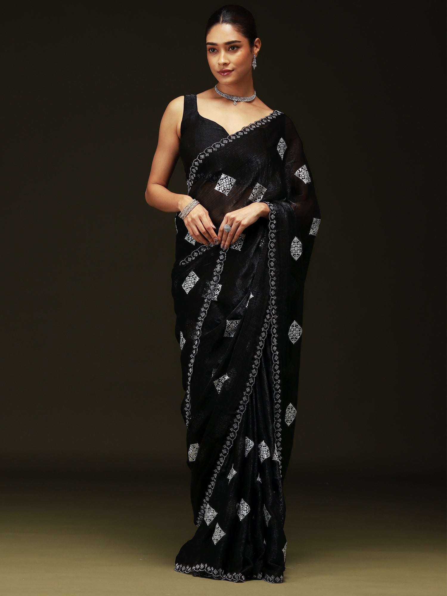 Jet Black Chiffon Embroidery Saree - Ressa