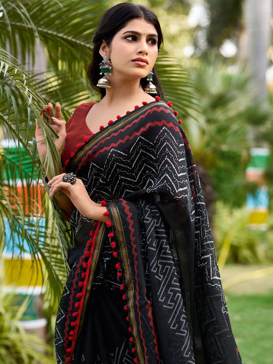 Jet Black Cotton Saree - Ressa