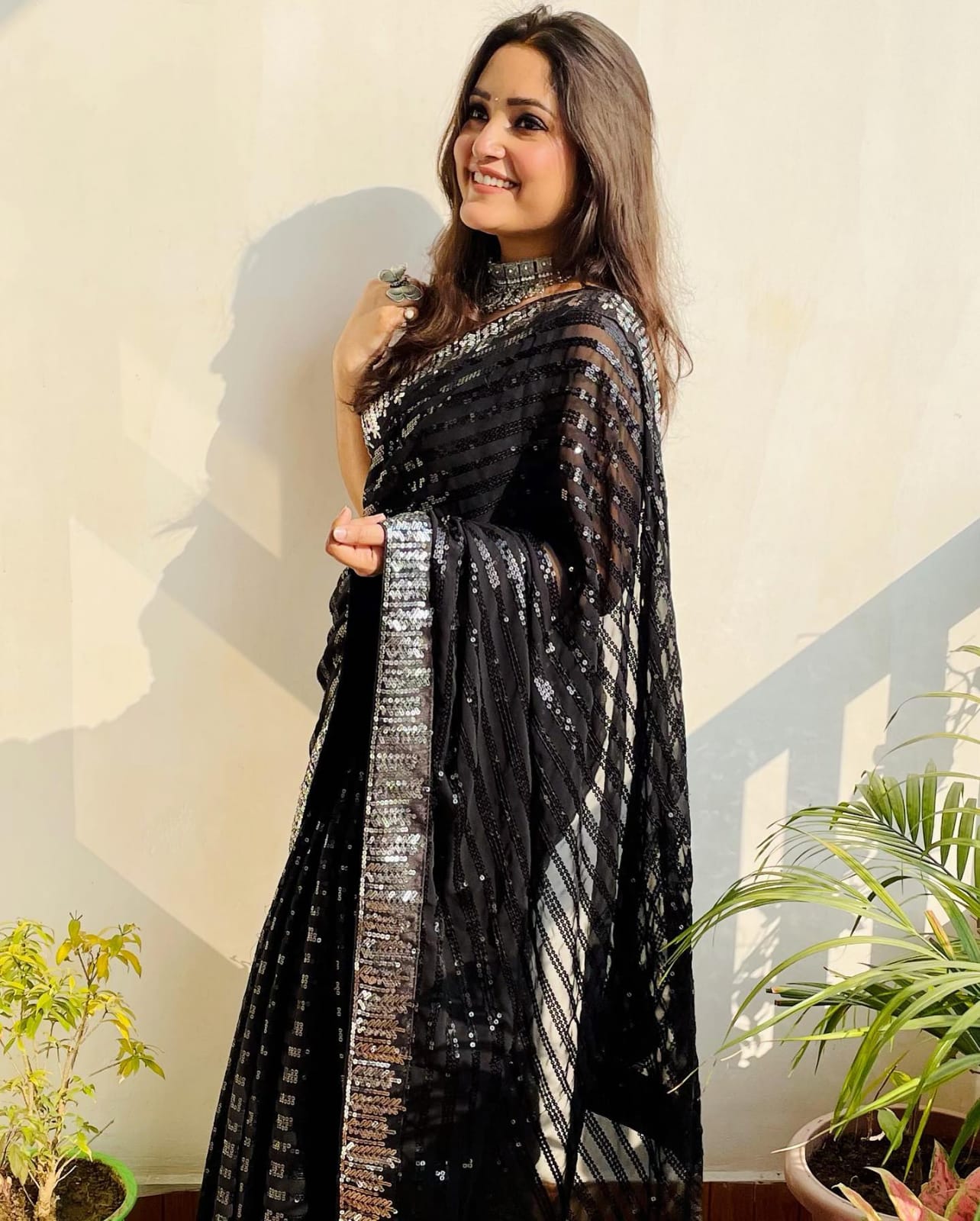 Jet Black Georgette Sequin Saree - Ressa