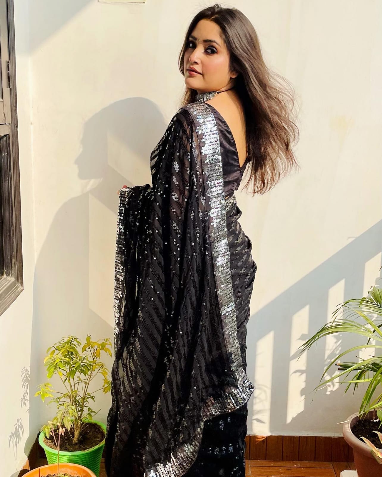 Jet Black Georgette Sequin Saree - Ressa