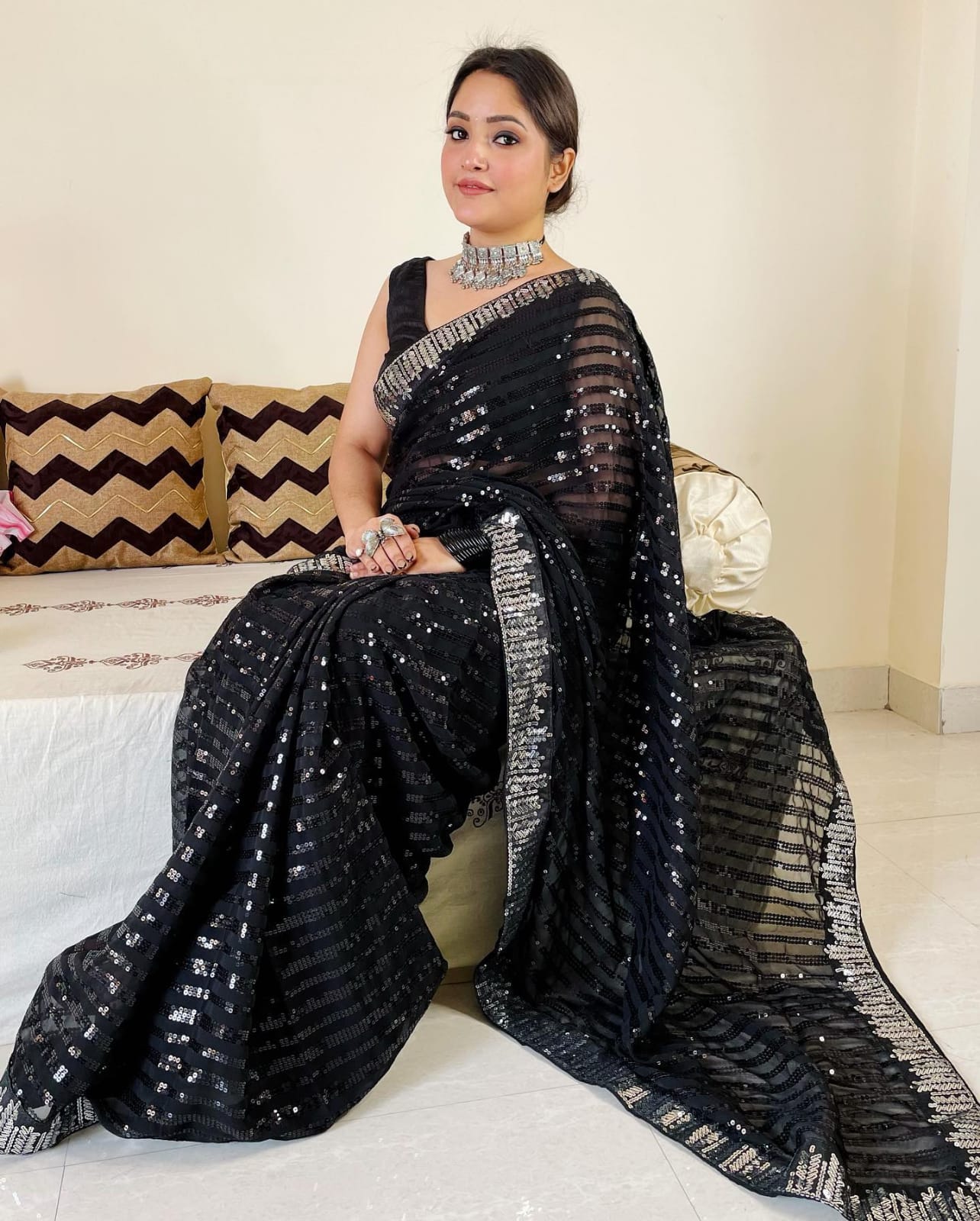 Jet Black Georgette Sequin Saree - Ressa