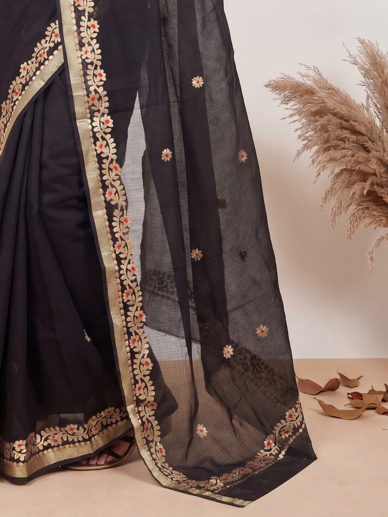 Jet Black Kota Doria Cotton Saree with Gota Patti Border - Ressa
