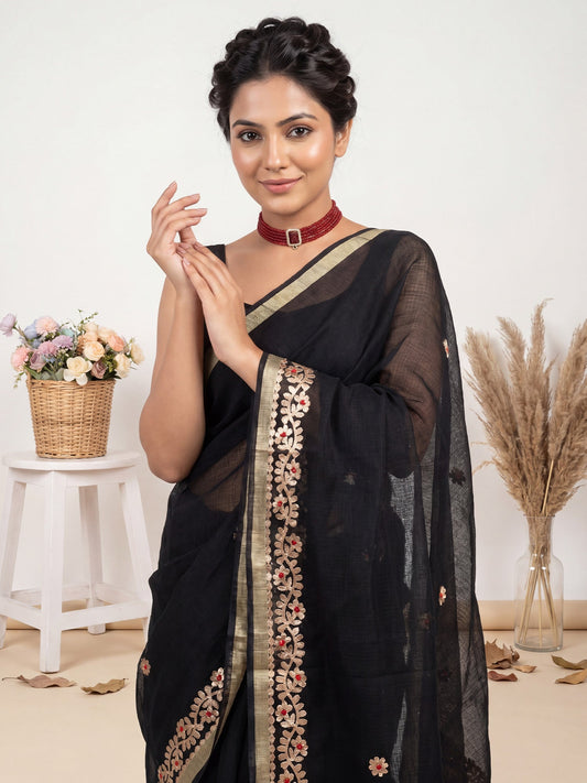 Jet Black Kota Doria Cotton Saree with Gota Patti Border - Ressa