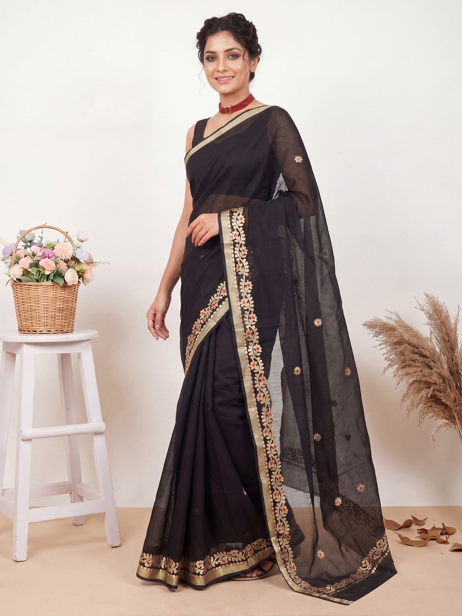 Jet Black Kota Doria Cotton Saree with Gota Patti Border - Ressa