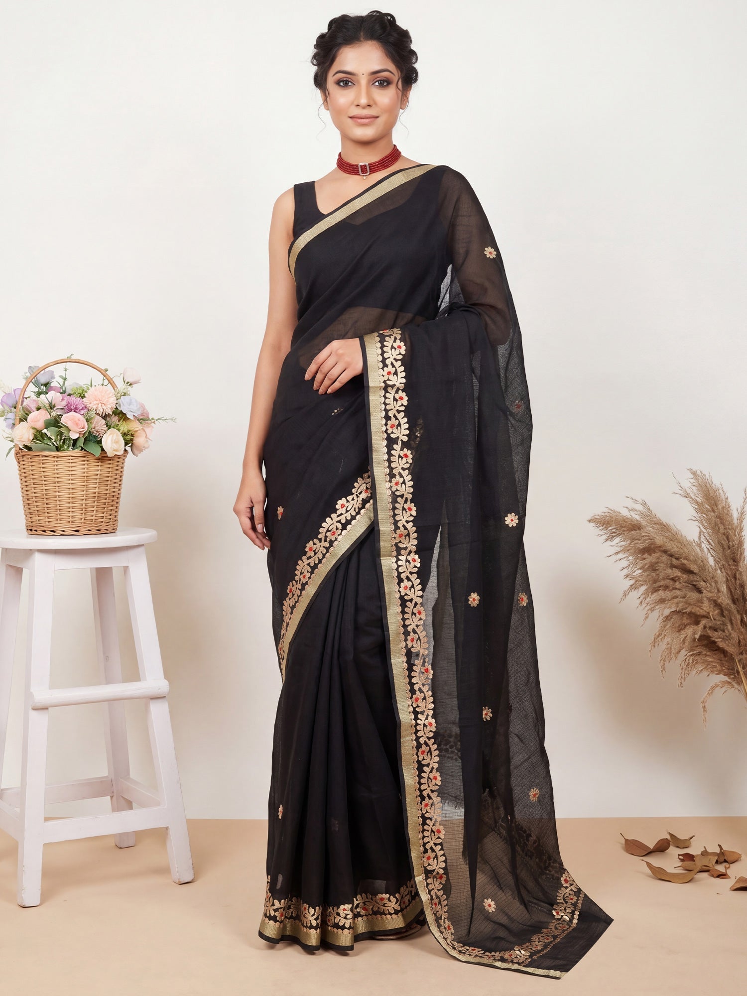 Jet Black Kota Doria Cotton Saree with Gota Patti Border - Ressa
