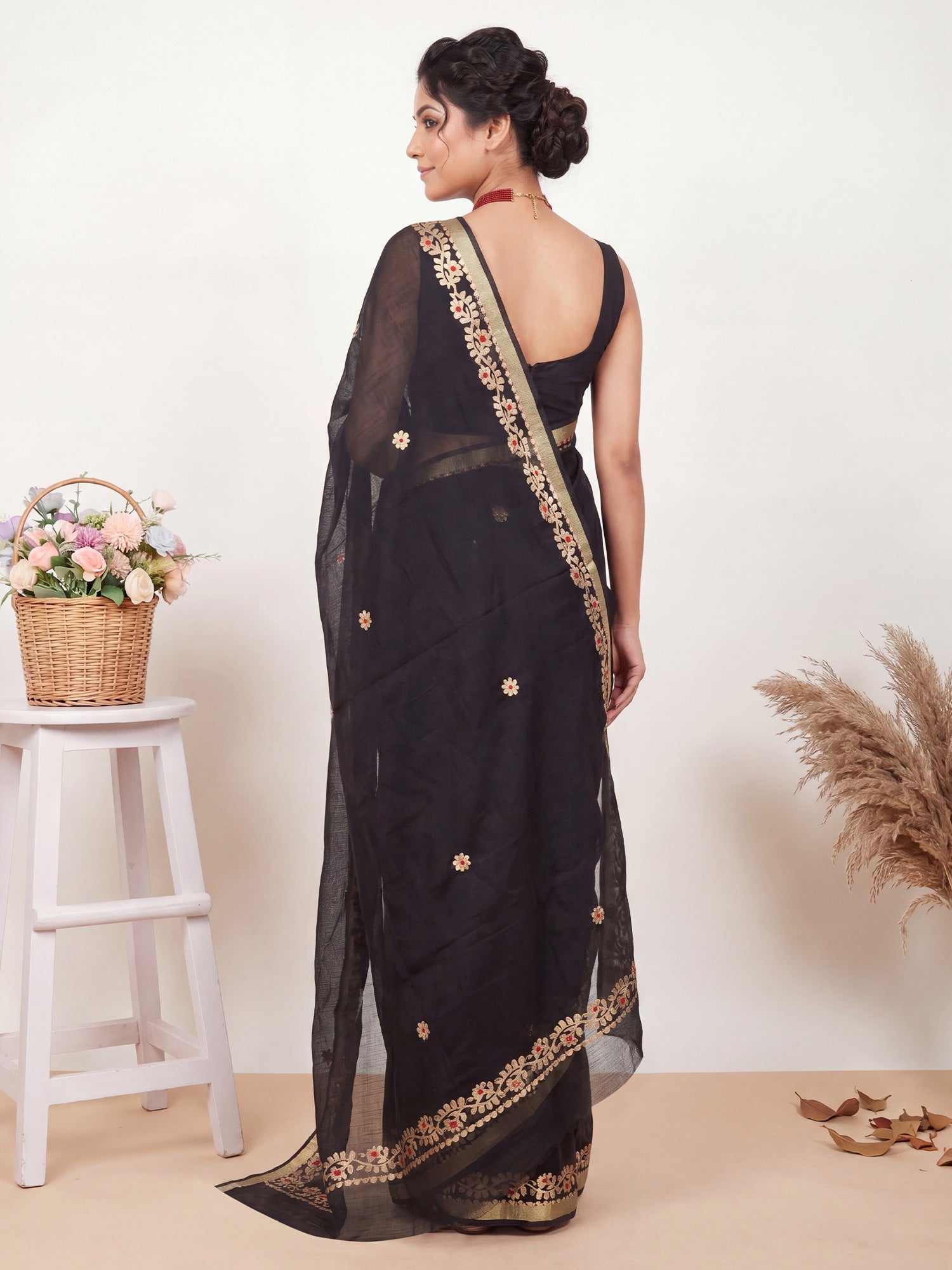 Jet Black Kota Doria Cotton Saree with Gota Patti Border - Ressa