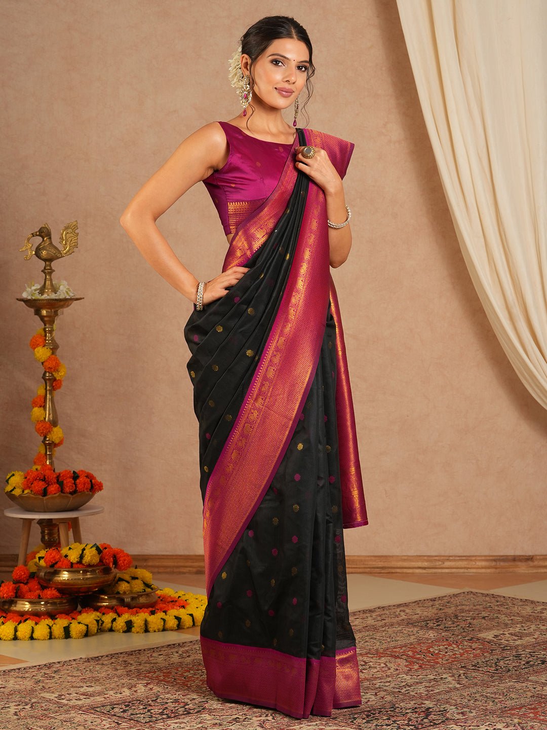 Jet Black Maheshwari Silk Saree - Ressa