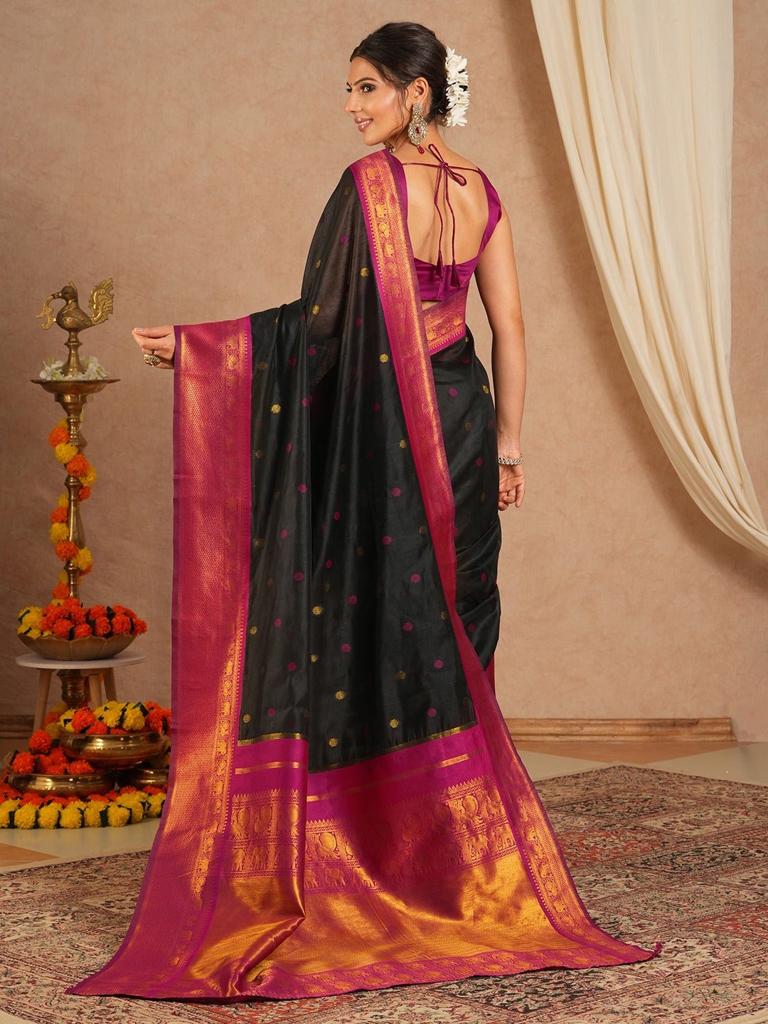 Jet Black Maheshwari Silk Saree - Ressa
