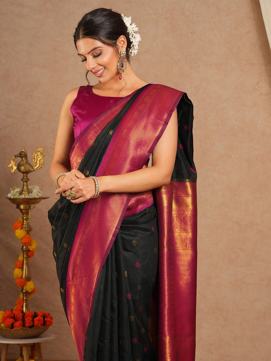 Jet Black Maheshwari Silk Saree - Ressa