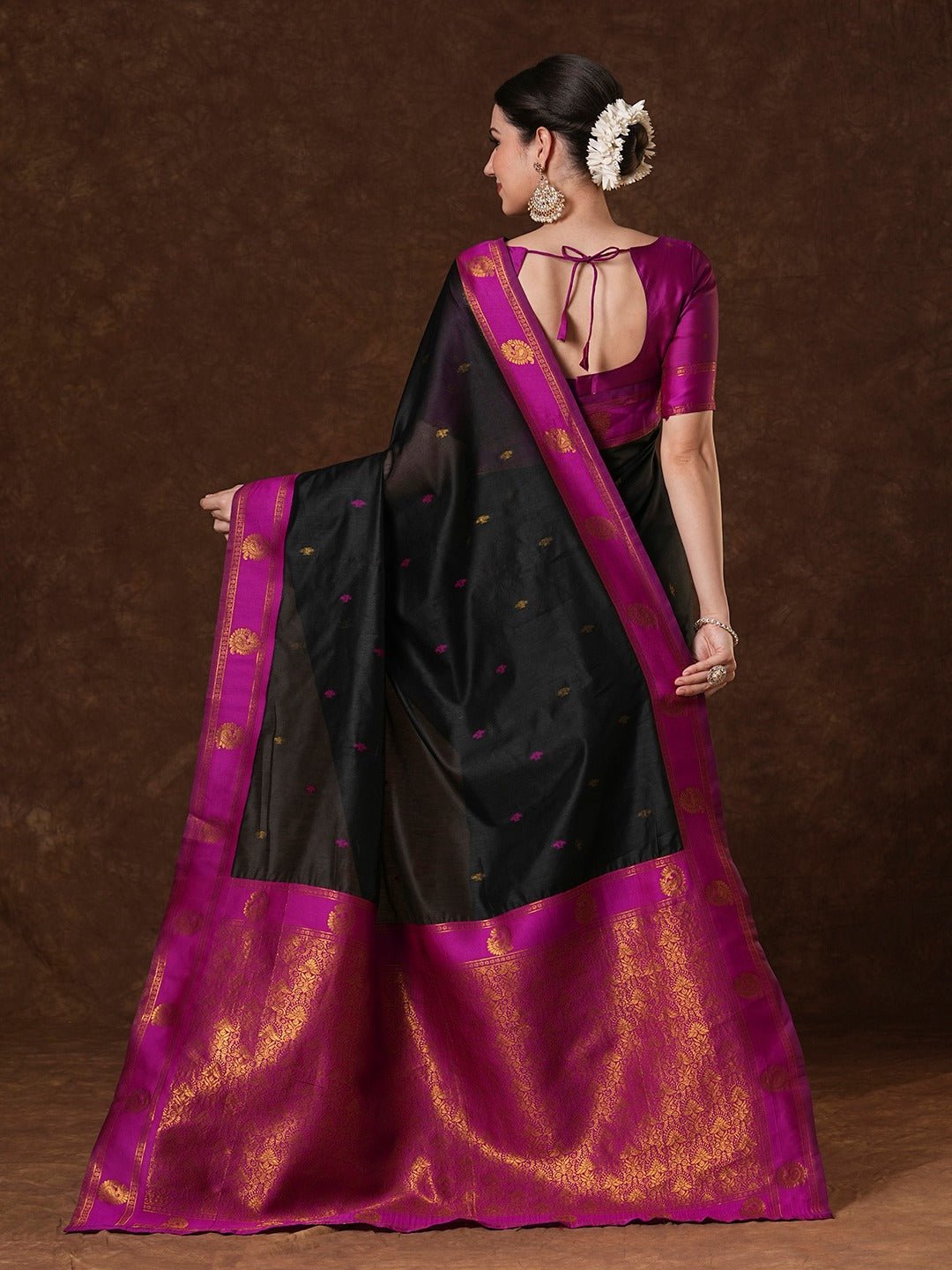Jet Black Maheshwari Silk Saree - Ressa