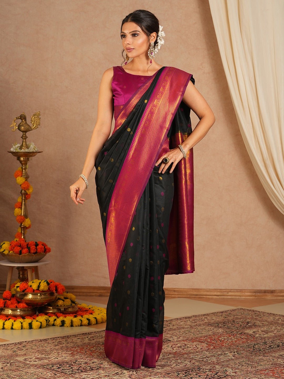 Jet Black Maheshwari Silk Saree - Ressa