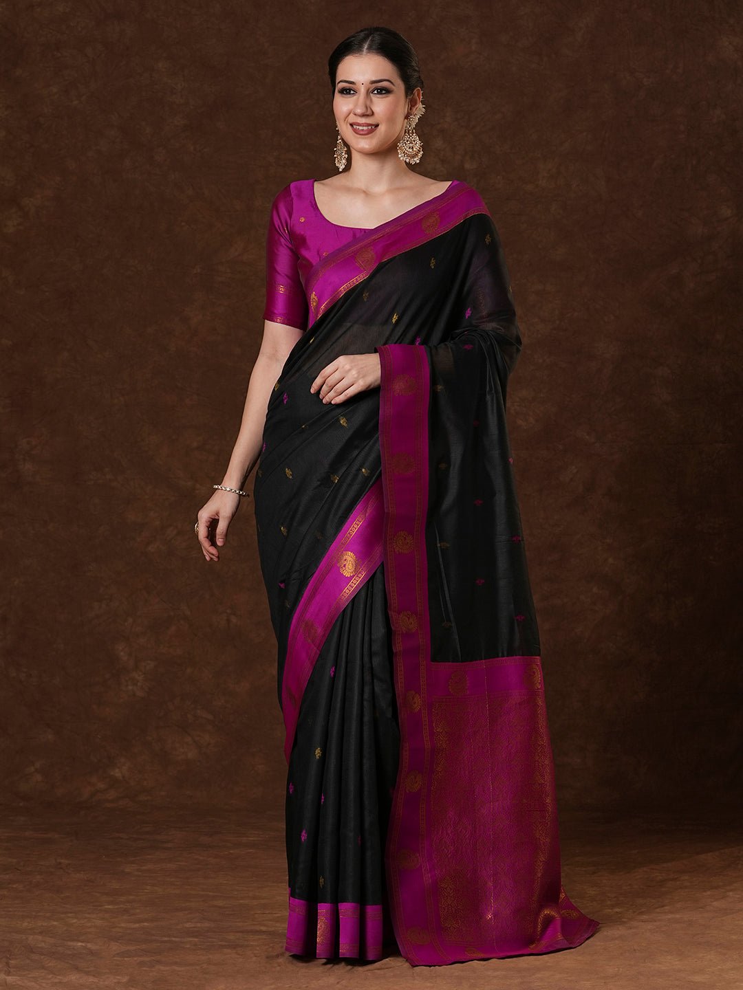 Jet Black Maheshwari Silk Saree - Ressa