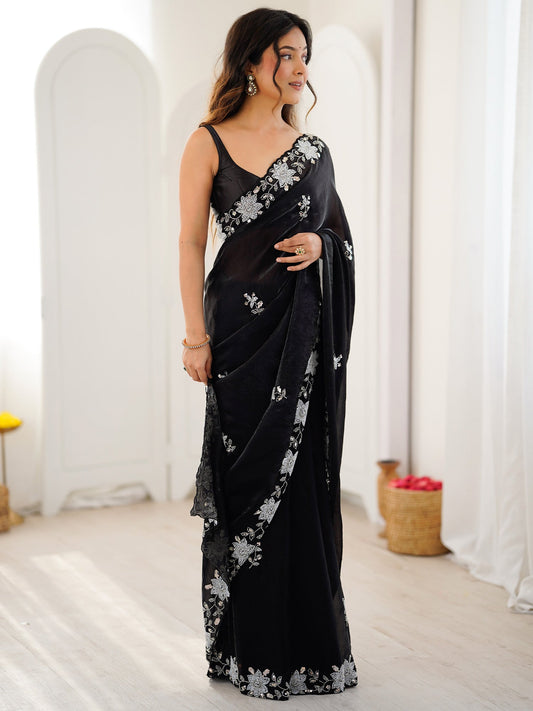 Jet Black Metallic Tissue Silk Saree - Ressa