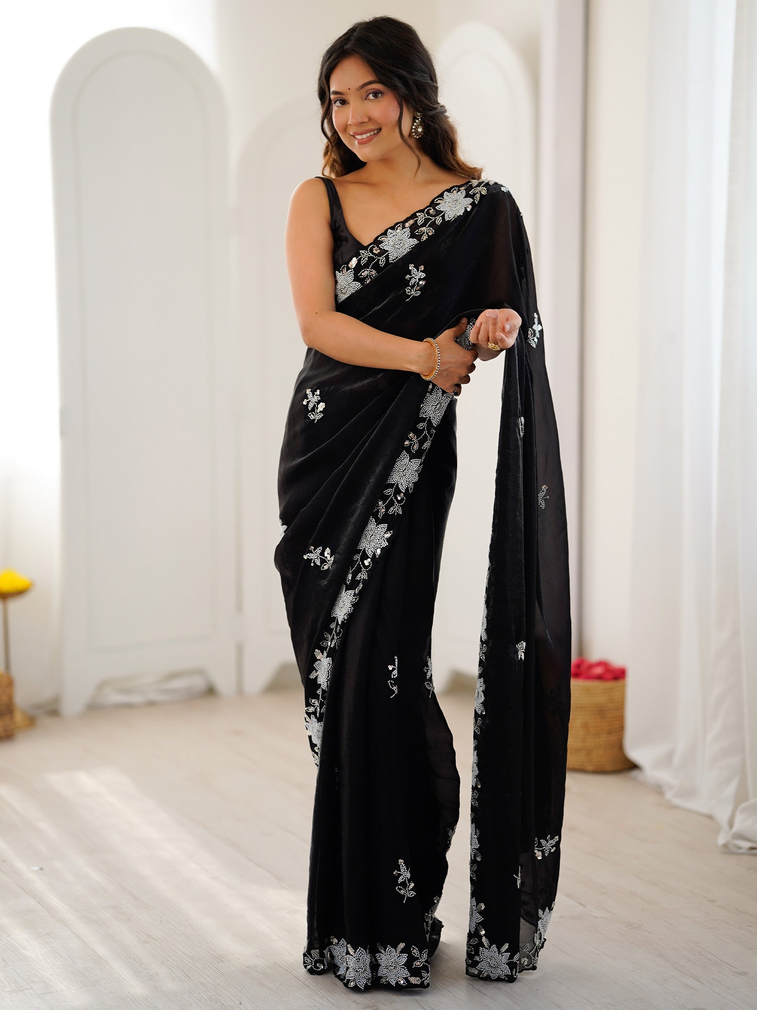 Jet Black Metallic Tissue Silk Saree - Ressa