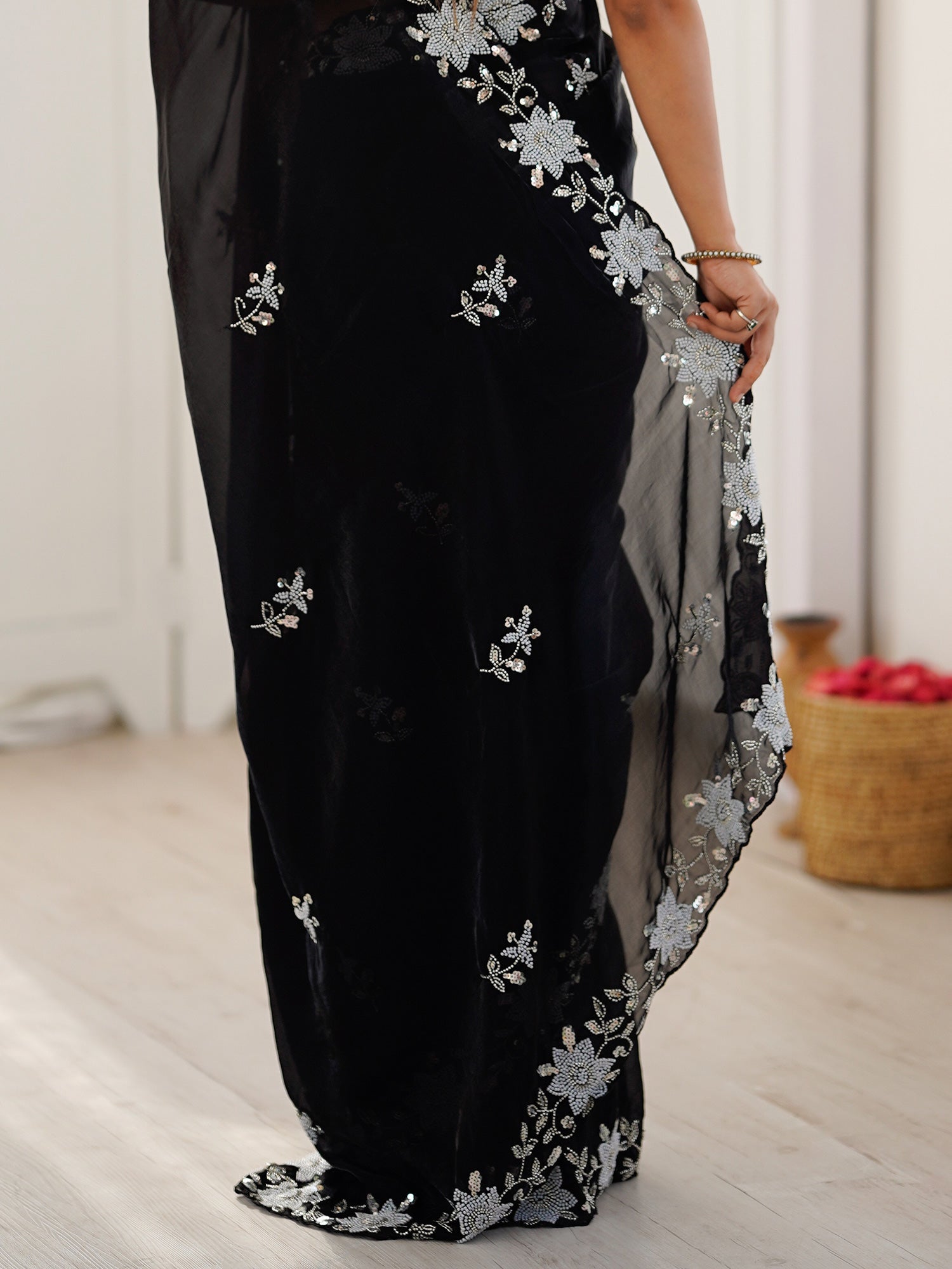 Jet Black Metallic Tissue Silk Saree - Ressa