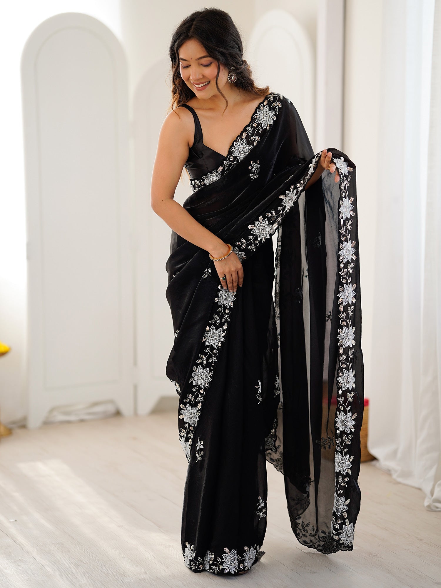Jet Black Metallic Tissue Silk Saree - Ressa