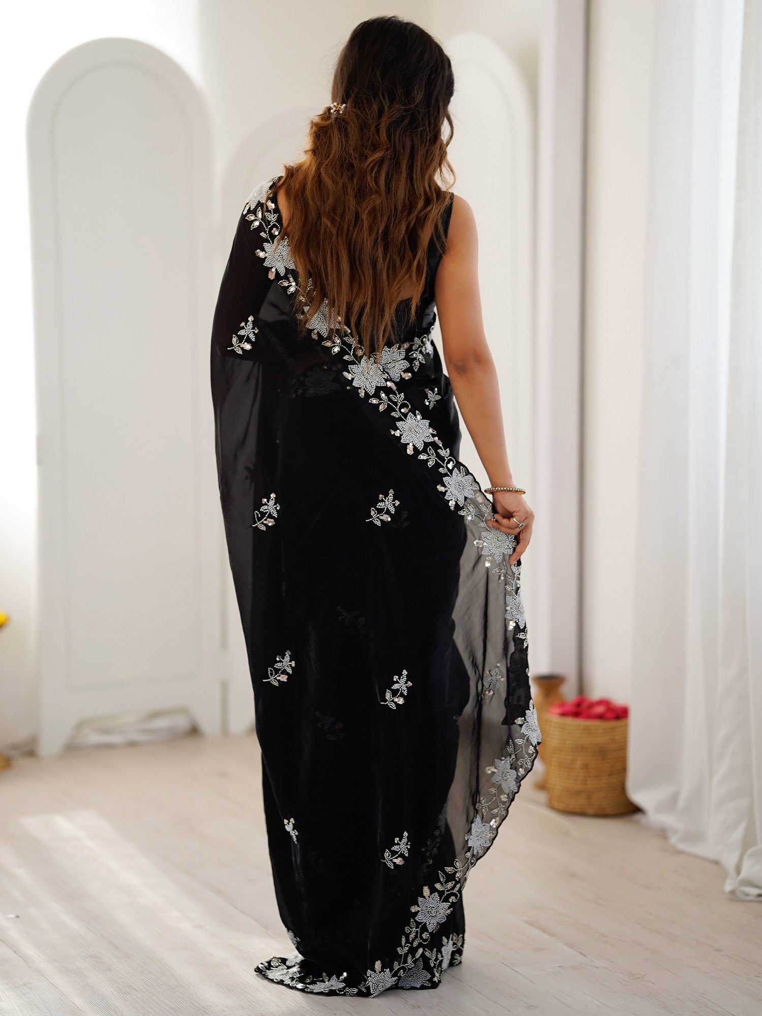 Jet Black Metallic Tissue Silk Saree - Ressa