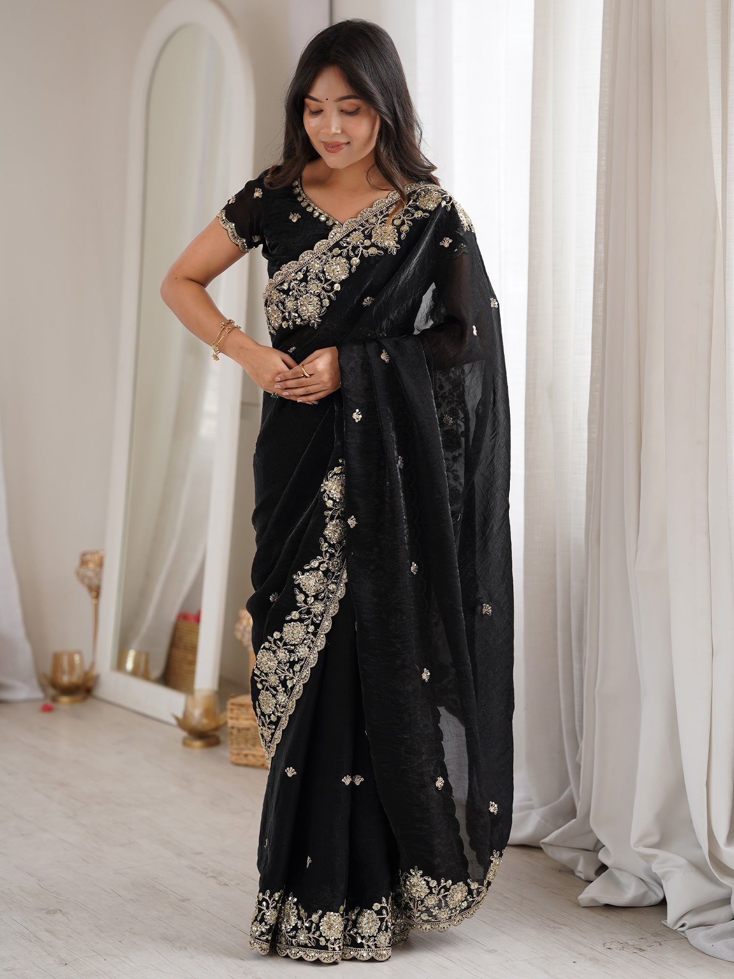 Jet Black Satin Saree with Zardosi Embroidery Border - Ressa