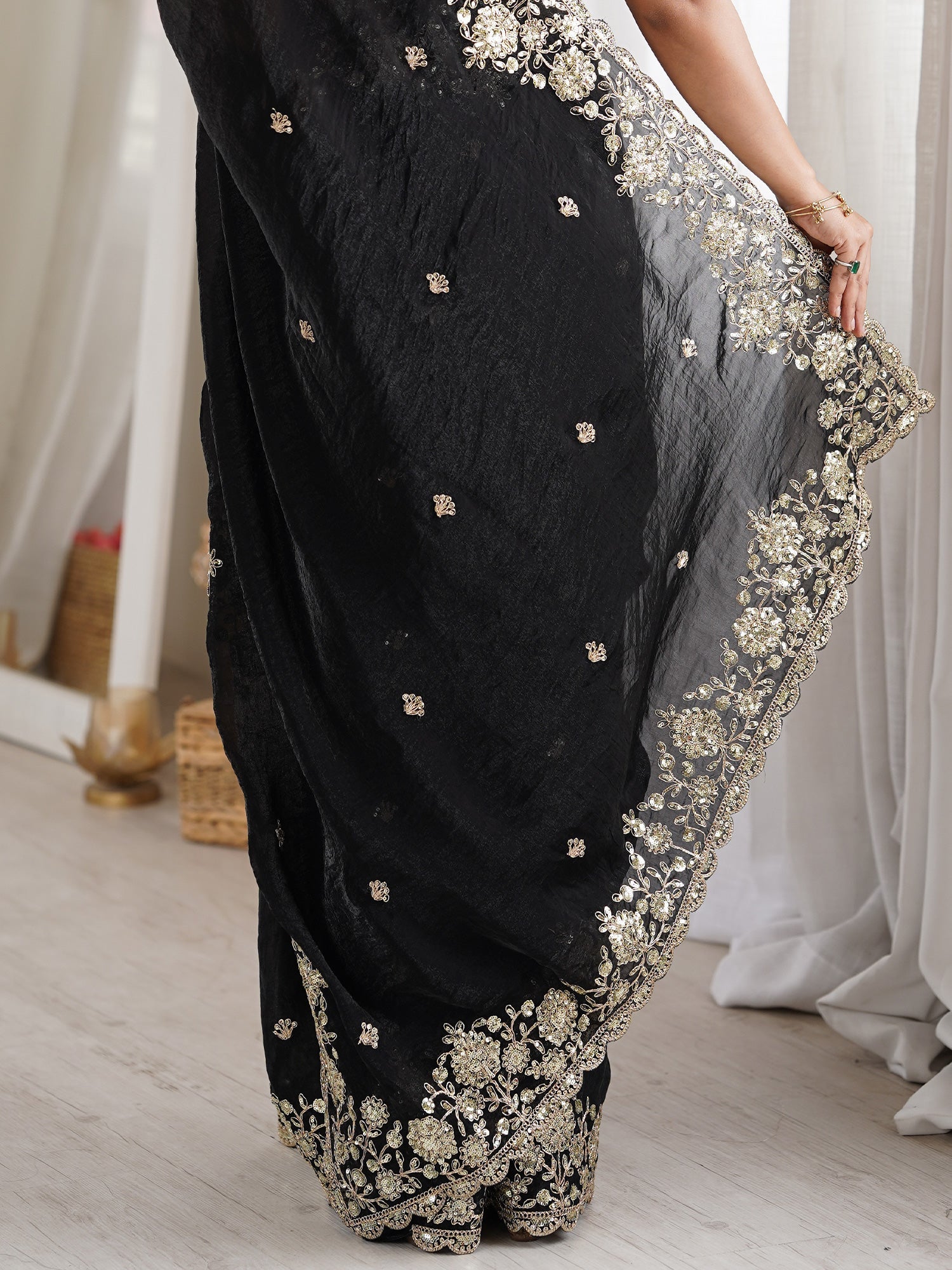 Jet Black Satin Saree with Zardosi Embroidery Border - Ressa