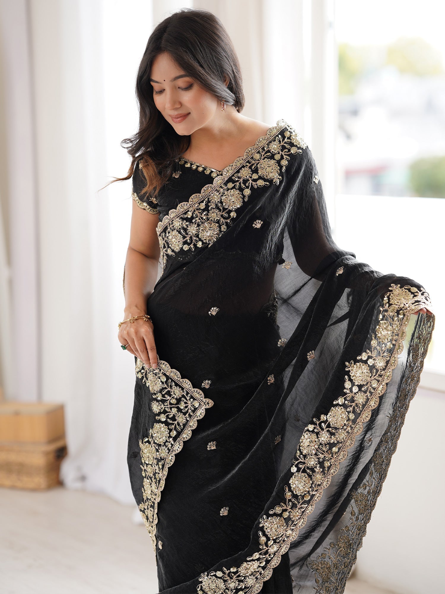 Jet Black Satin Saree with Zardosi Embroidery Border - Ressa