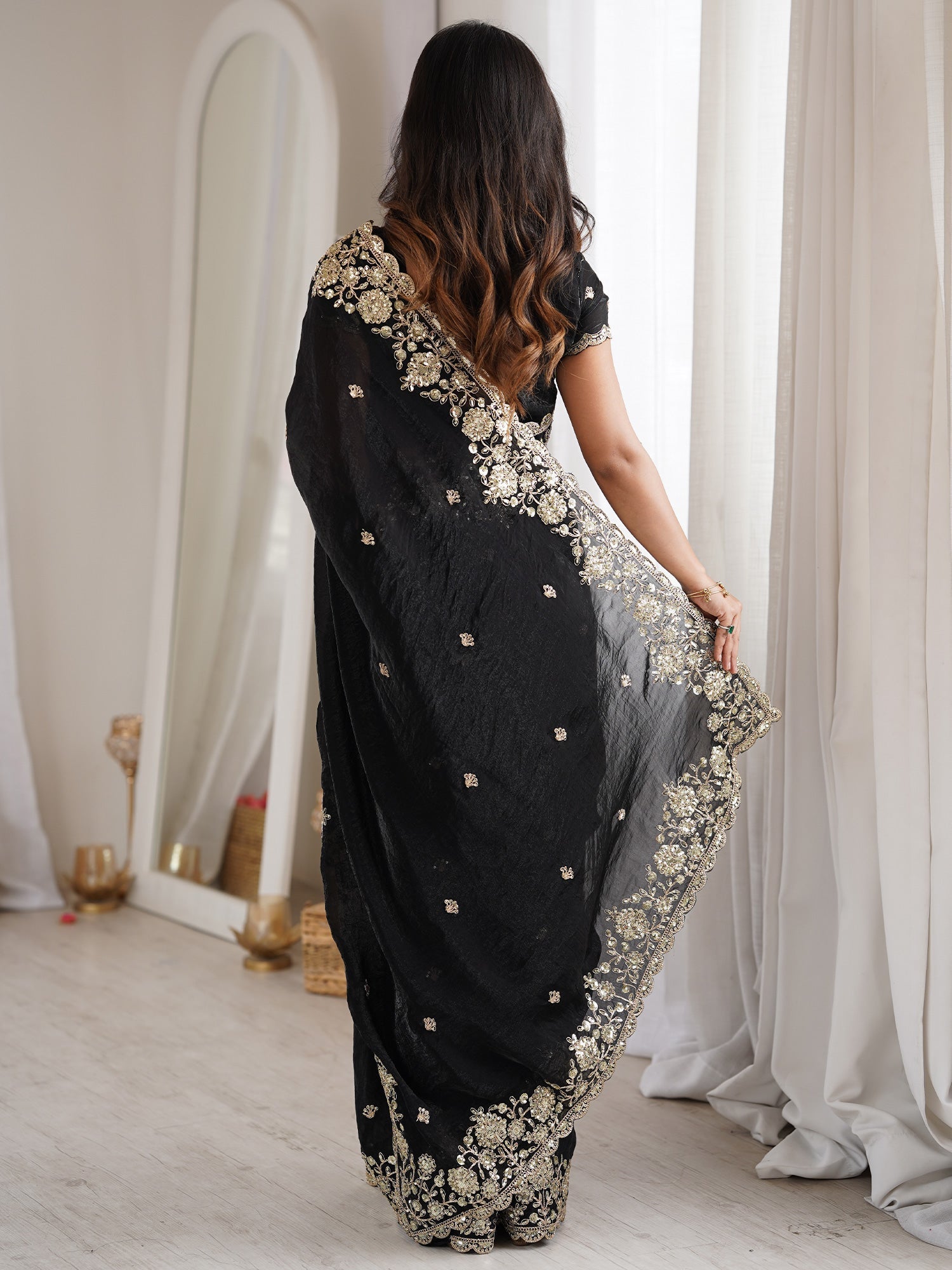 Jet Black Satin Saree with Zardosi Embroidery Border - Ressa