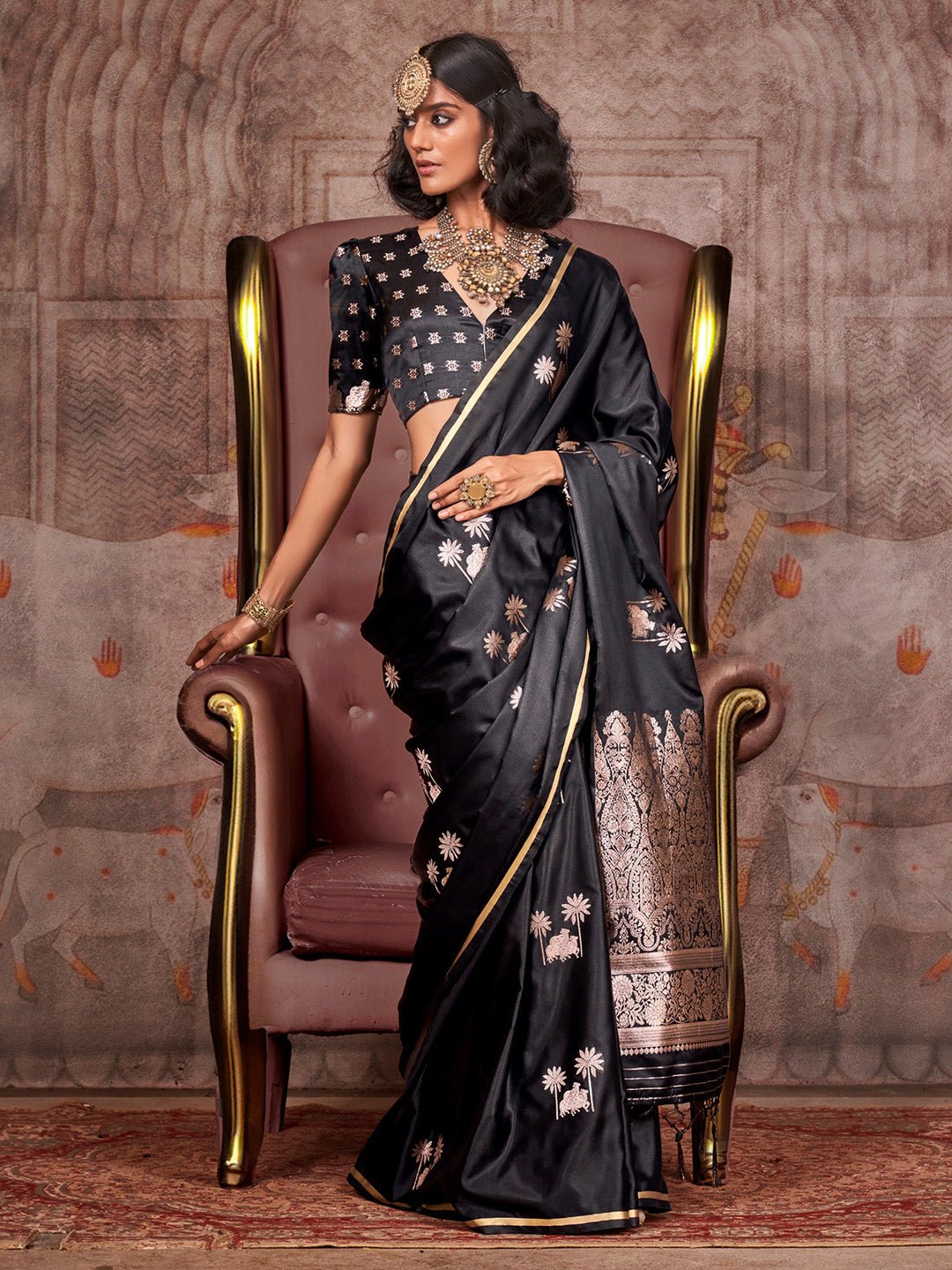 Jet Black Tree of Life Motifs Saree - Ressa