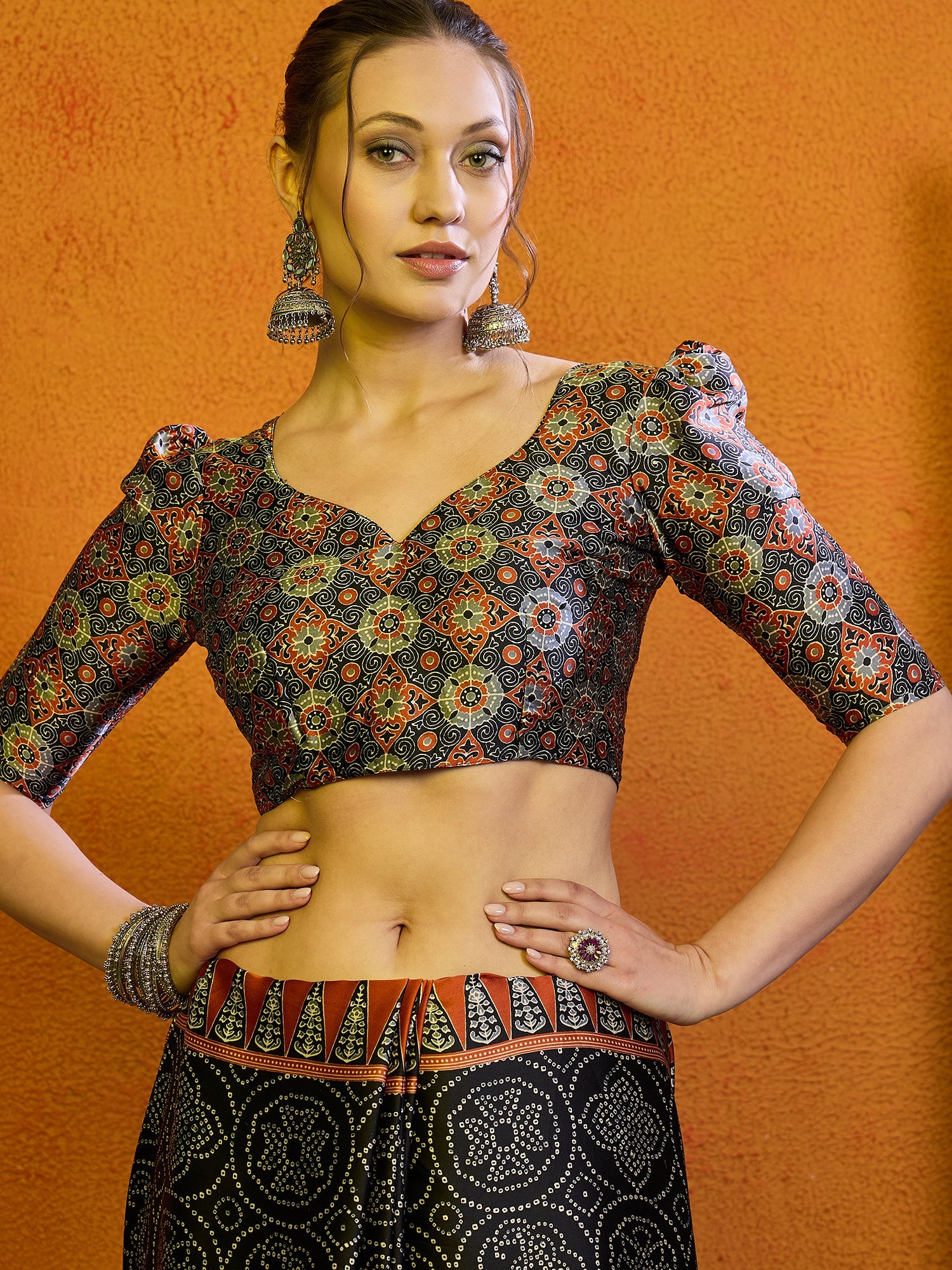 Black Satin Ajrakh Printed Saree - Ressa