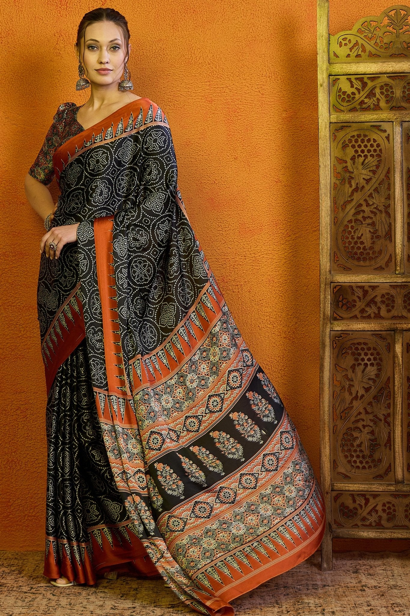Black Satin Ajrakh Printed Saree - Ressa