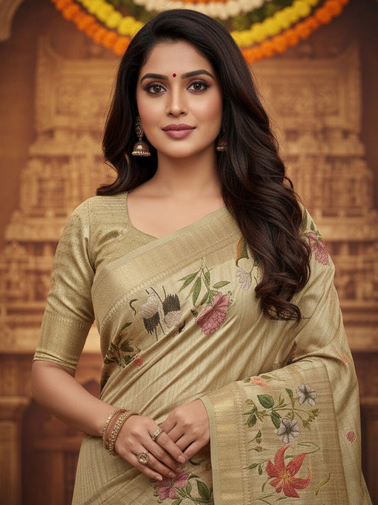 Cream Cotton Linen Floral Printed Saree - Ressa