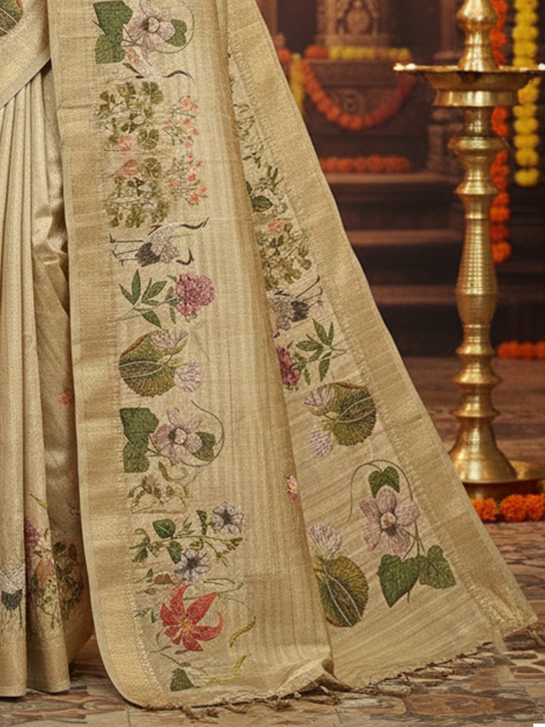 Cream Cotton Linen Floral Printed Saree - Ressa