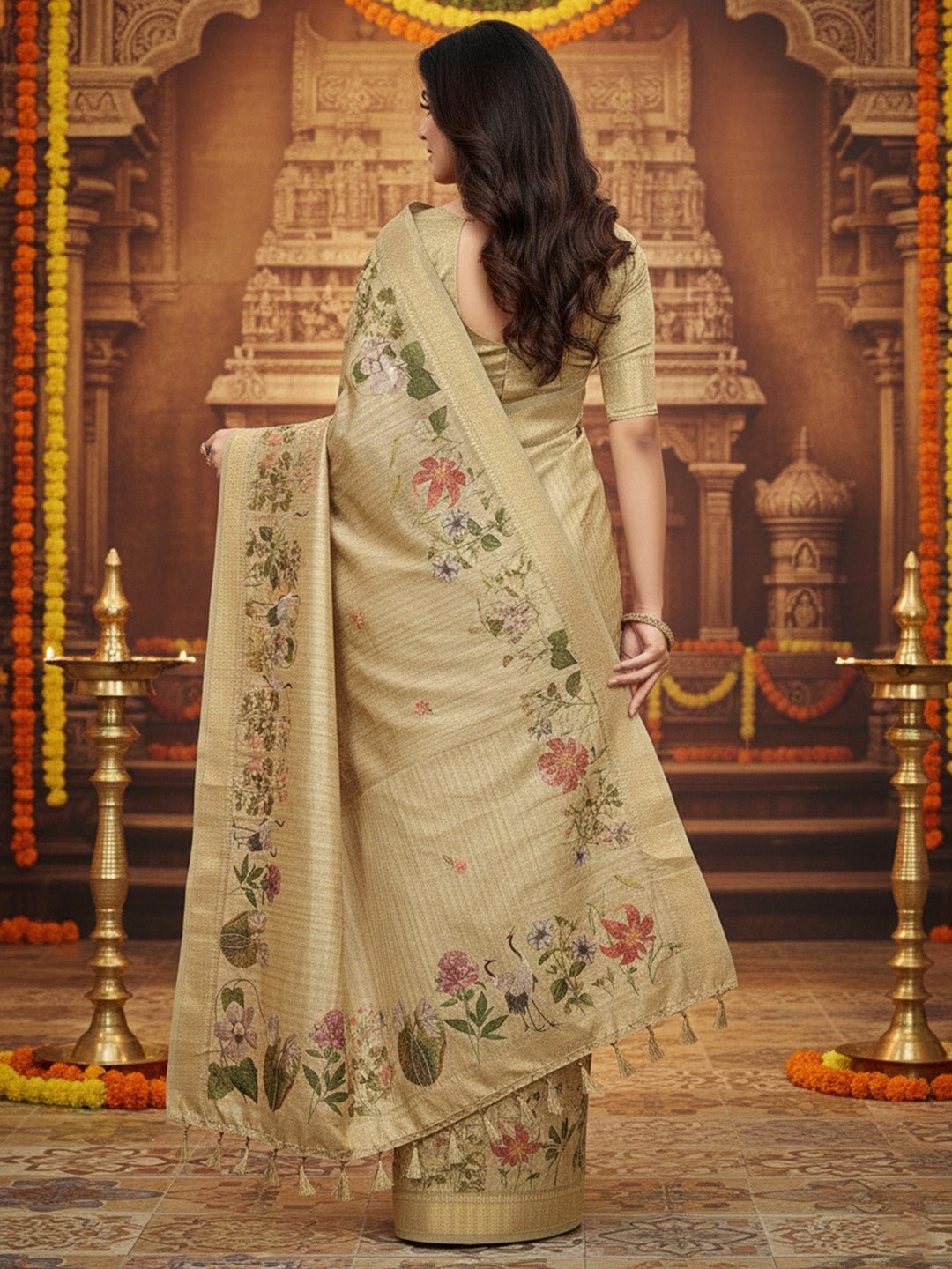 Cream Cotton Linen Floral Printed Saree - Ressa