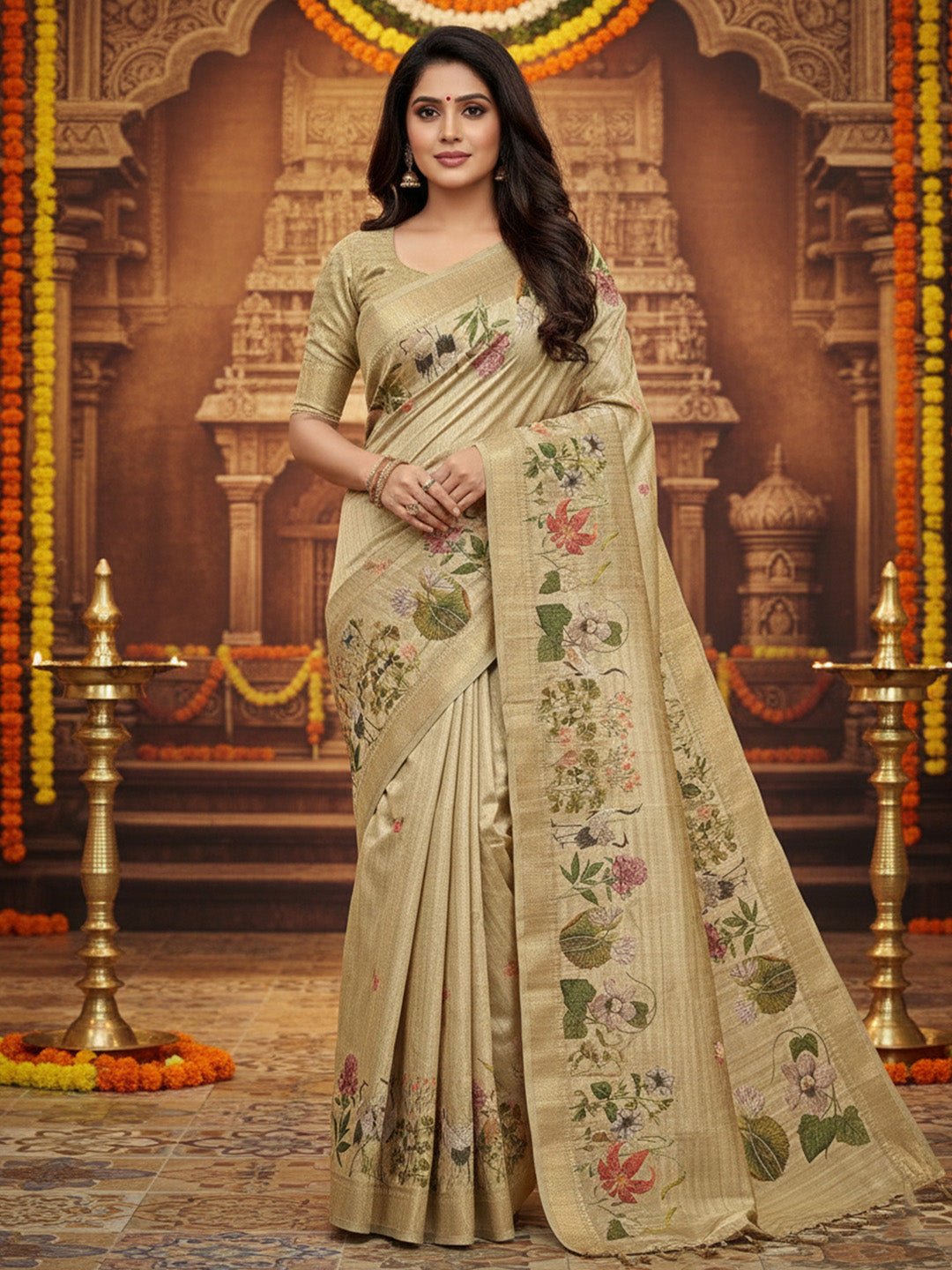 Cream Cotton Linen Floral Printed Saree - Ressa