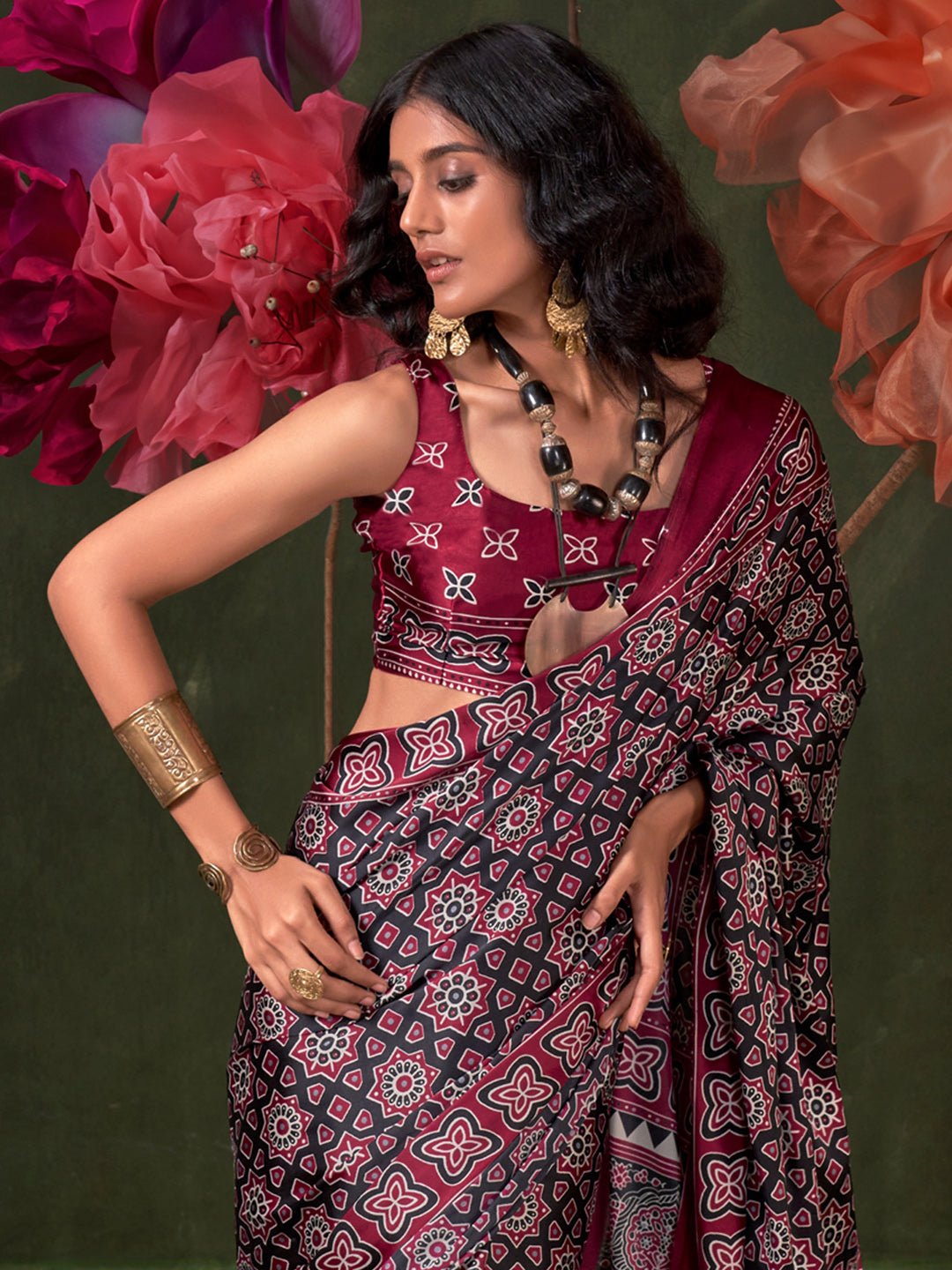 Black Crepe Ajrakh Printed Saree - Ressa