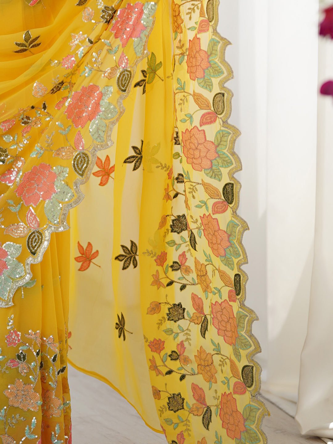 Kesari Yellow Georgette Embroidered Saree - Ressa