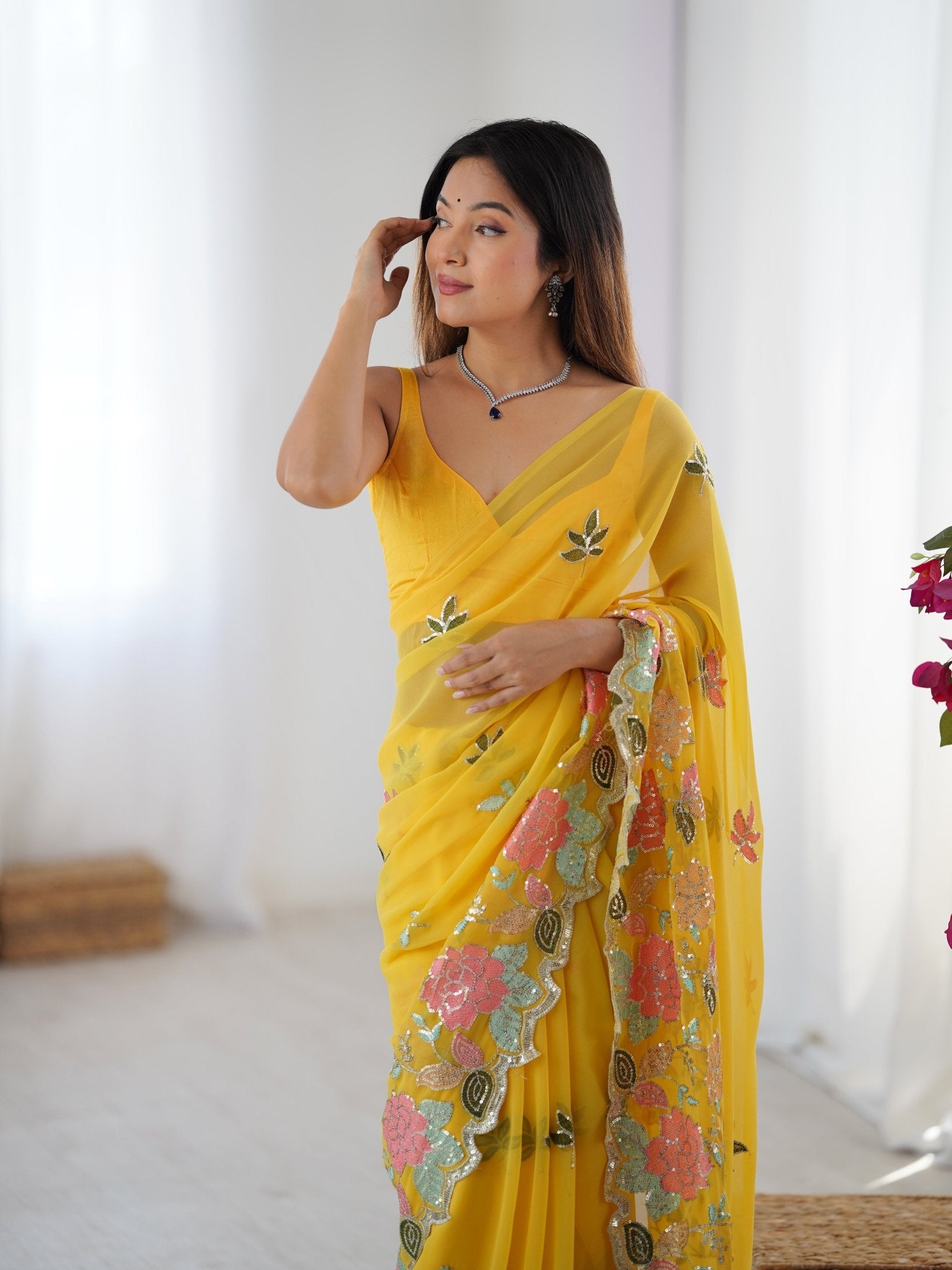 Kesari Yellow Georgette Embroidered Saree - Ressa