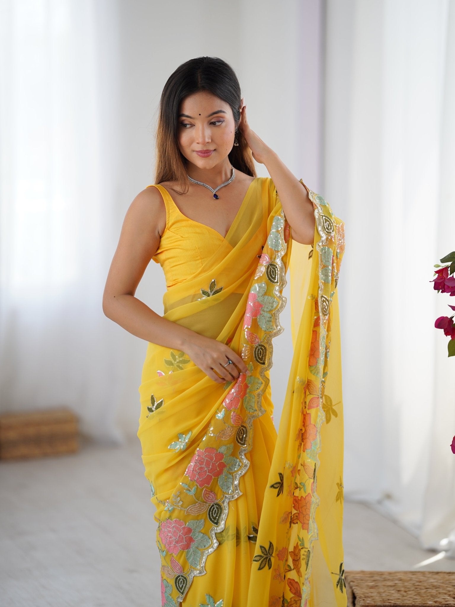 Kesari Yellow Georgette Embroidered Saree - Ressa