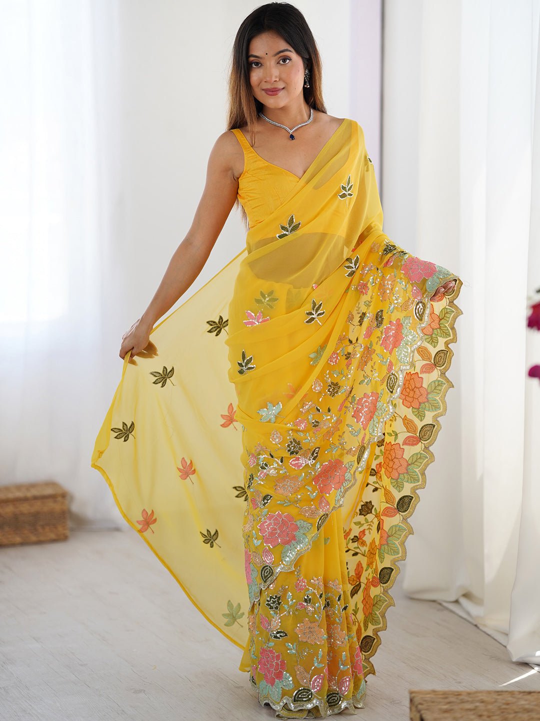 Kesari Yellow Georgette Embroidered Saree - Ressa