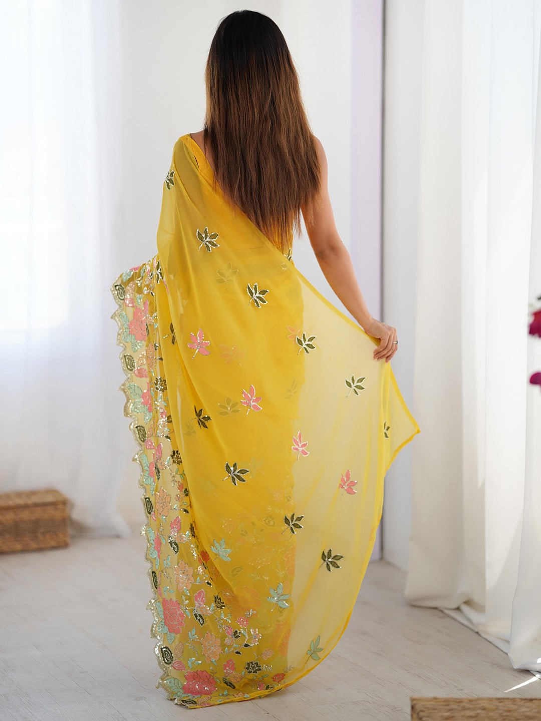 Kesari Yellow Georgette Embroidered Saree - Ressa