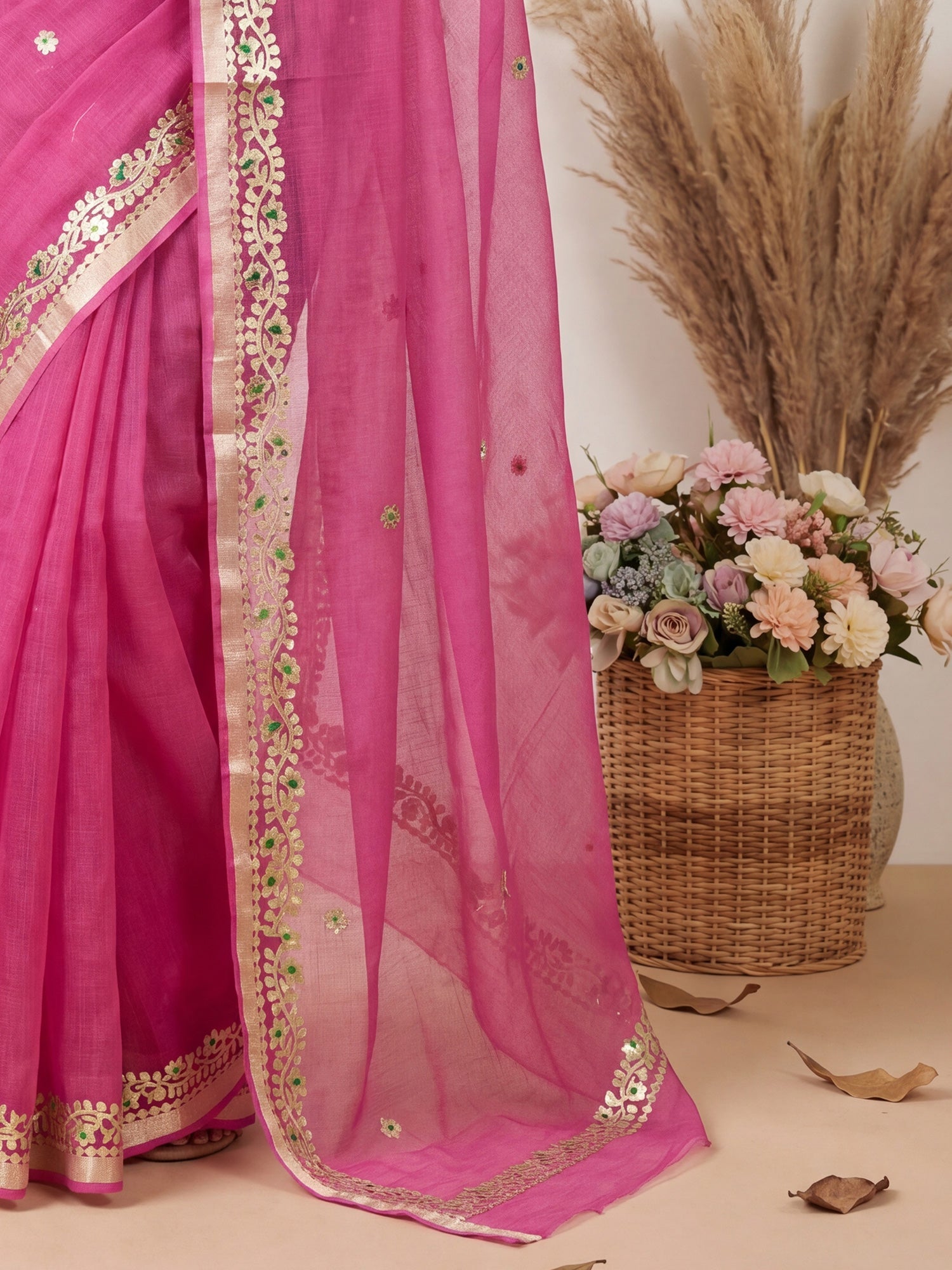 Kota Doria Cotton Saree with Gota Patti Border - Ressa