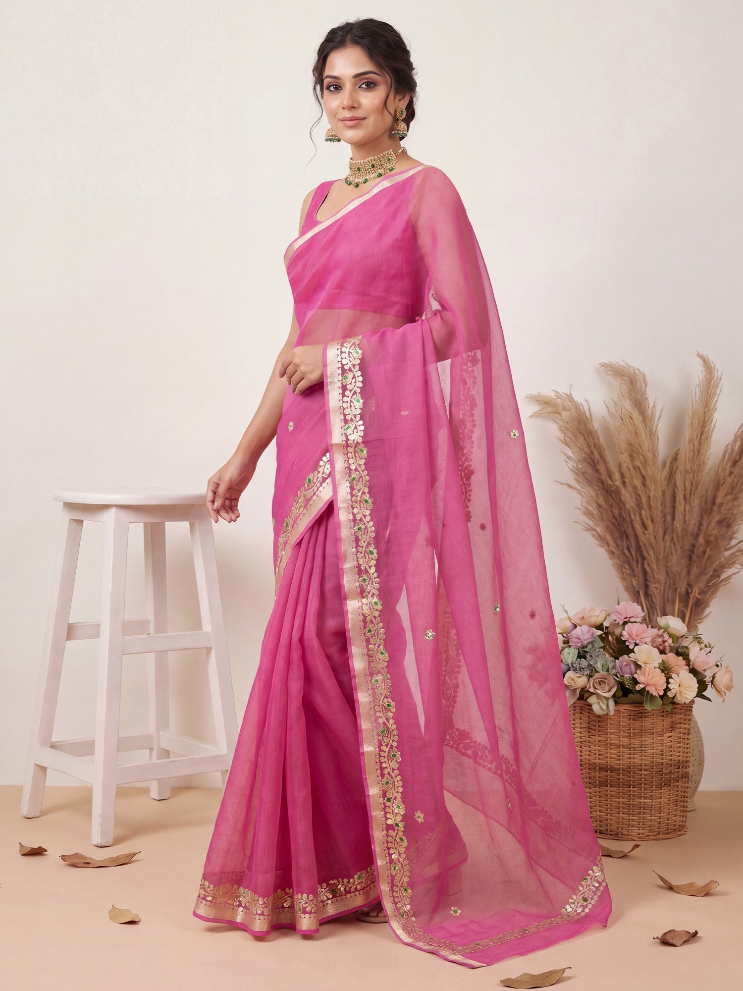 Kota Doria Cotton Saree with Gota Patti Border - Ressa