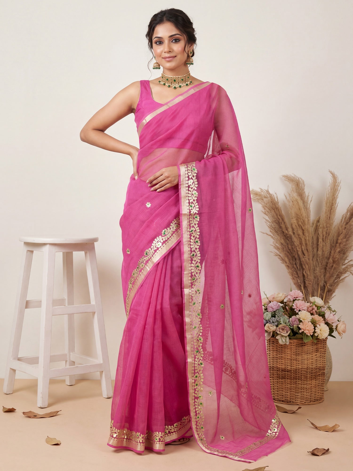 Kota Doria Cotton Saree with Gota Patti Border - Ressa