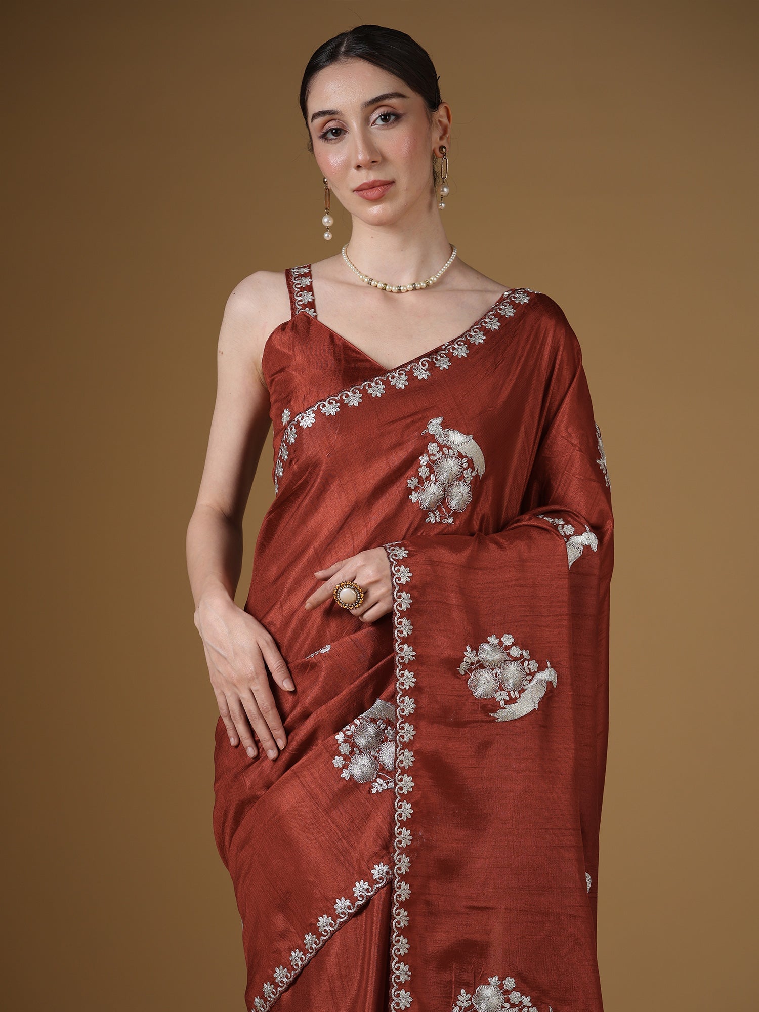 Koyal Rust Silk Saree with Silver Parrot & Floral Embroidery - Ressa