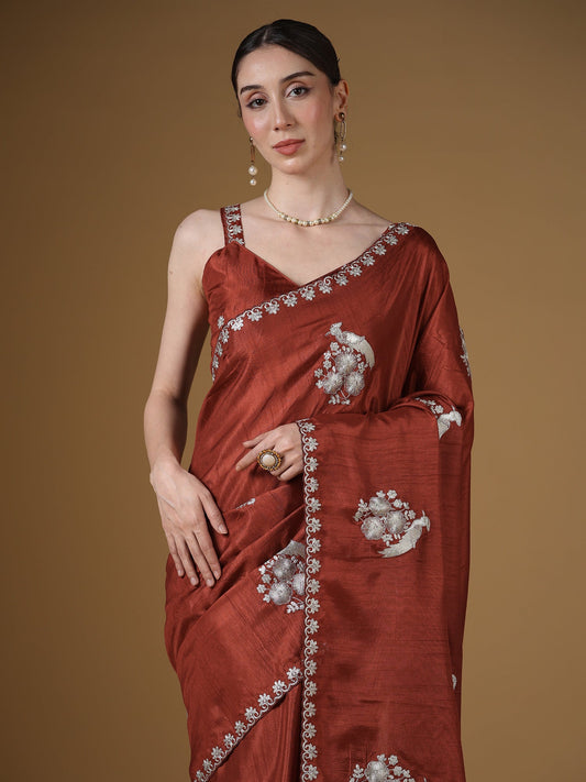 Koyal Rust Silk Saree with Silver Parrot & Floral Embroidery - Ressa