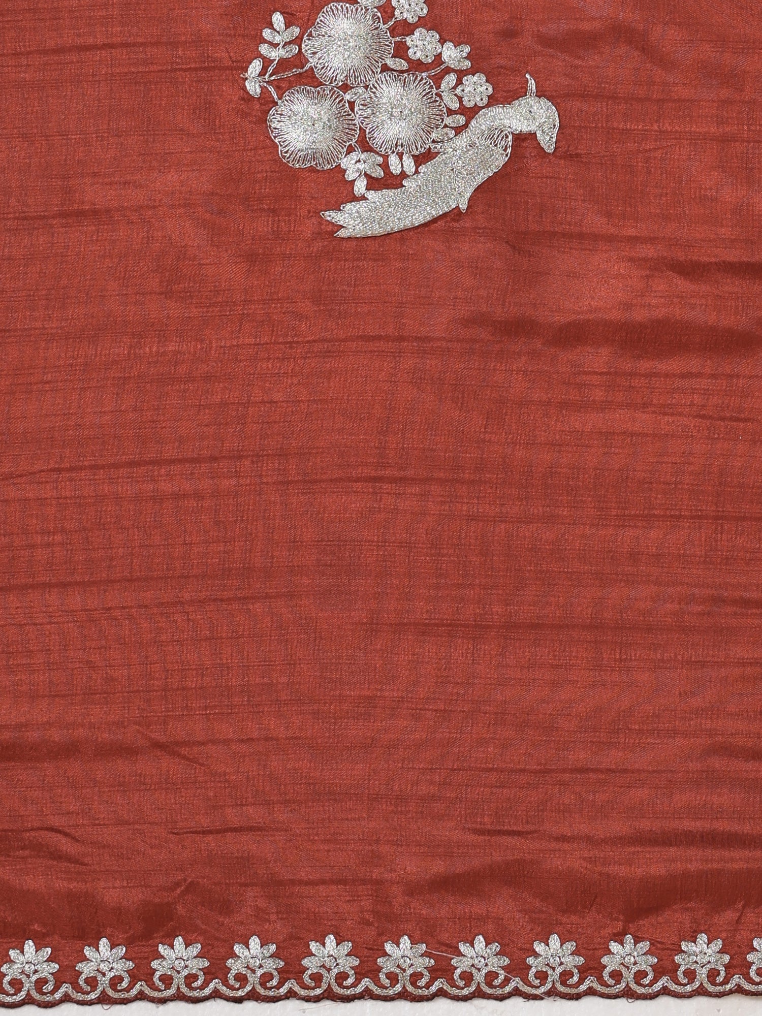 Koyal Rust Silk Saree with Silver Parrot & Floral Embroidery - Ressa