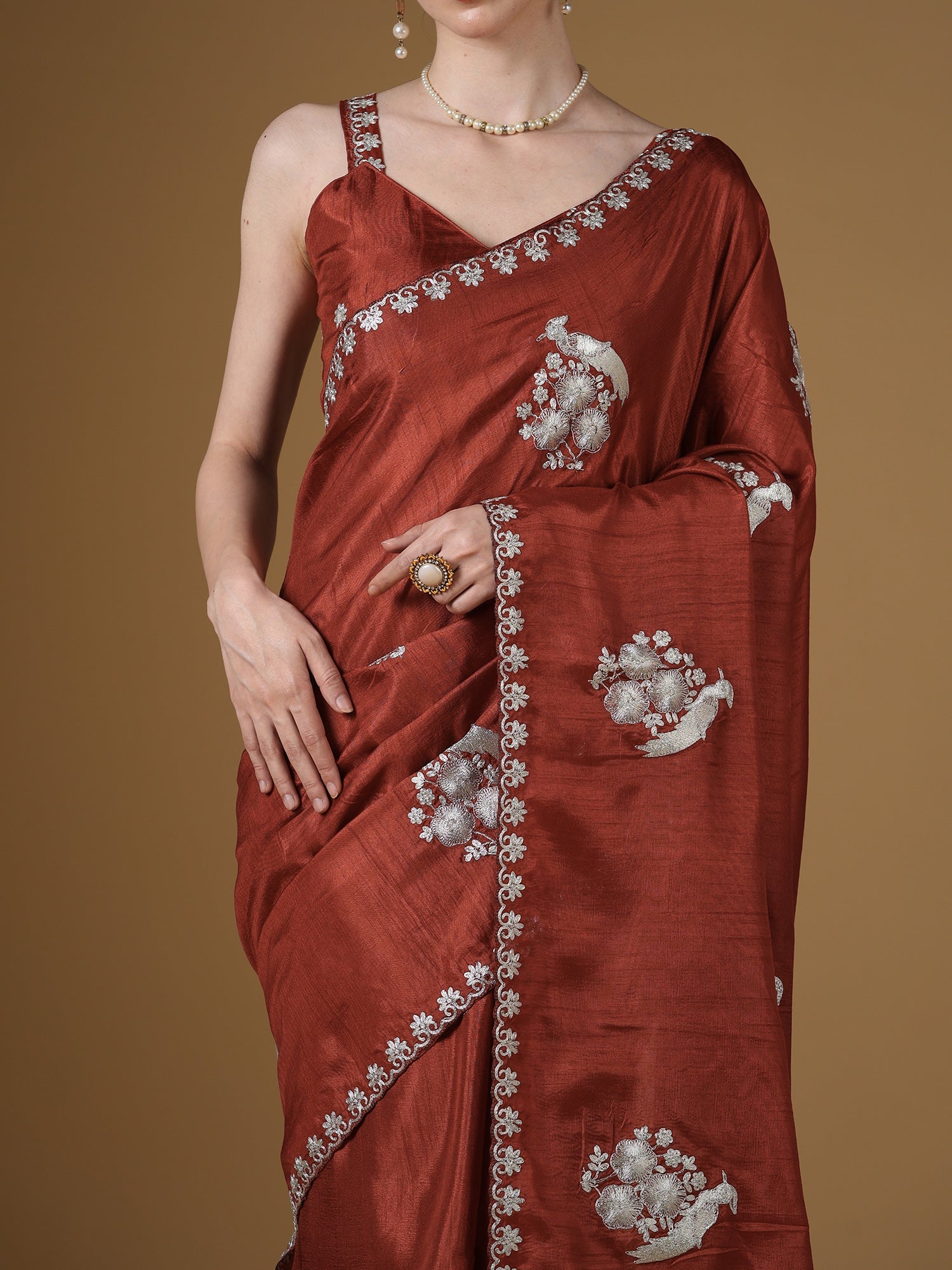 Koyal Rust Silk Saree with Silver Parrot & Floral Embroidery - Ressa