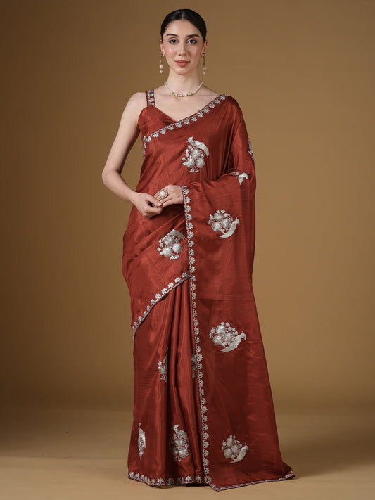 Koyal Rust Silk Saree with Silver Parrot & Floral Embroidery - Ressa