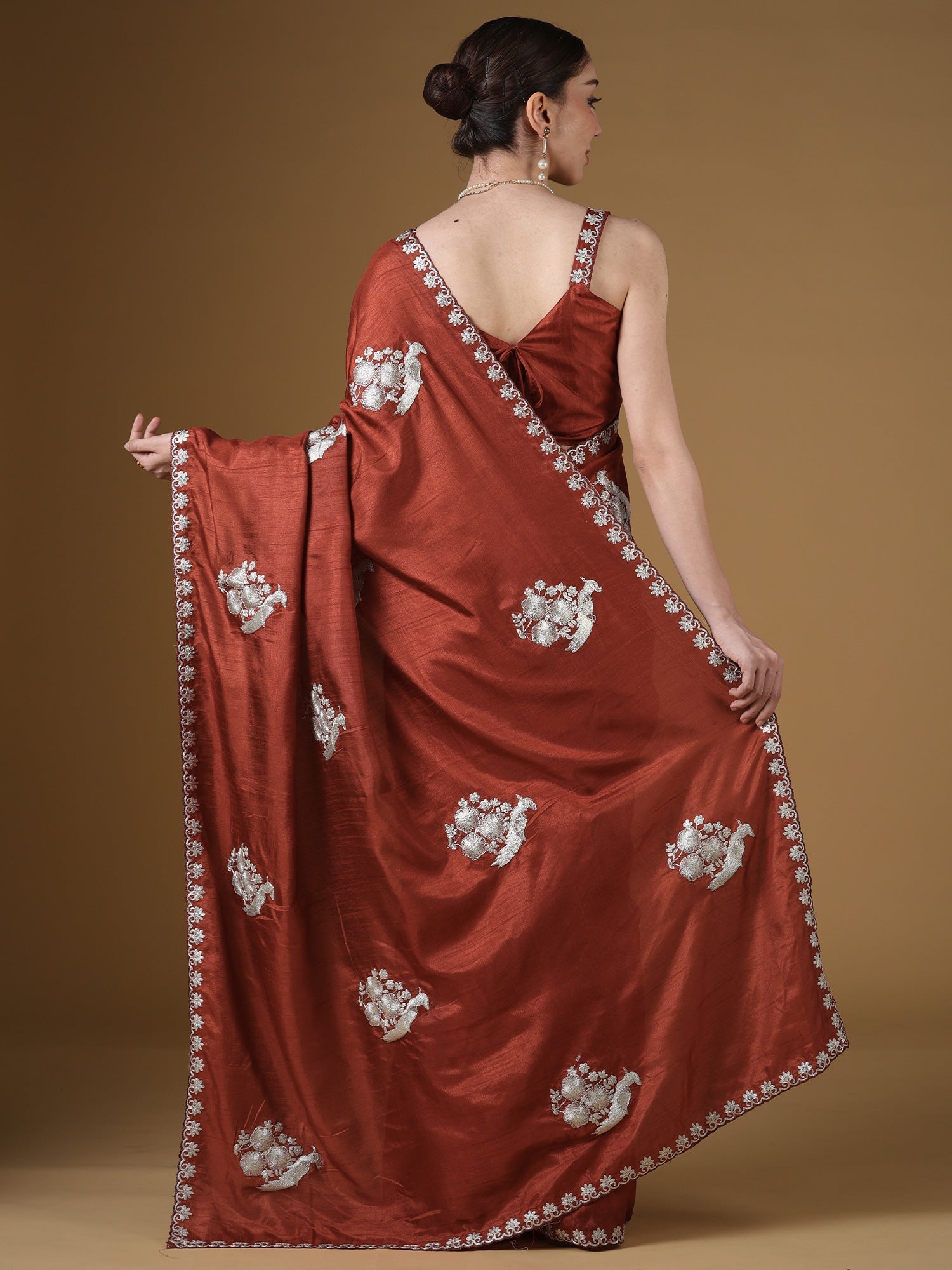 Koyal Rust Silk Saree with Silver Parrot & Floral Embroidery - Ressa