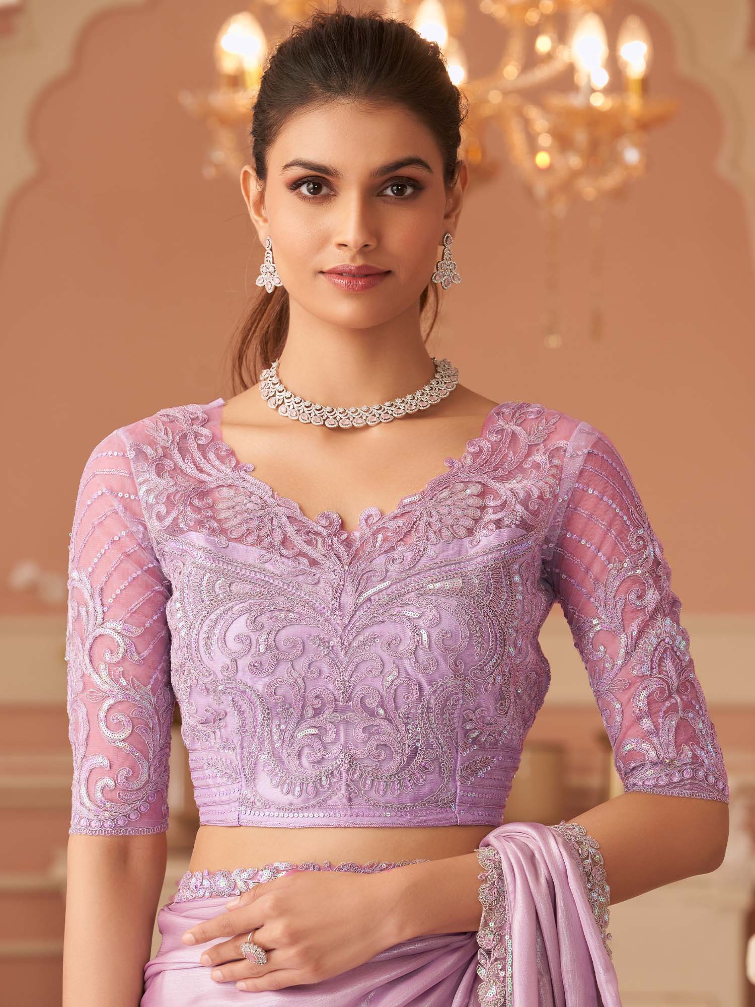 Lavendar Embellished Sequinned Georgette Saree - Ressa