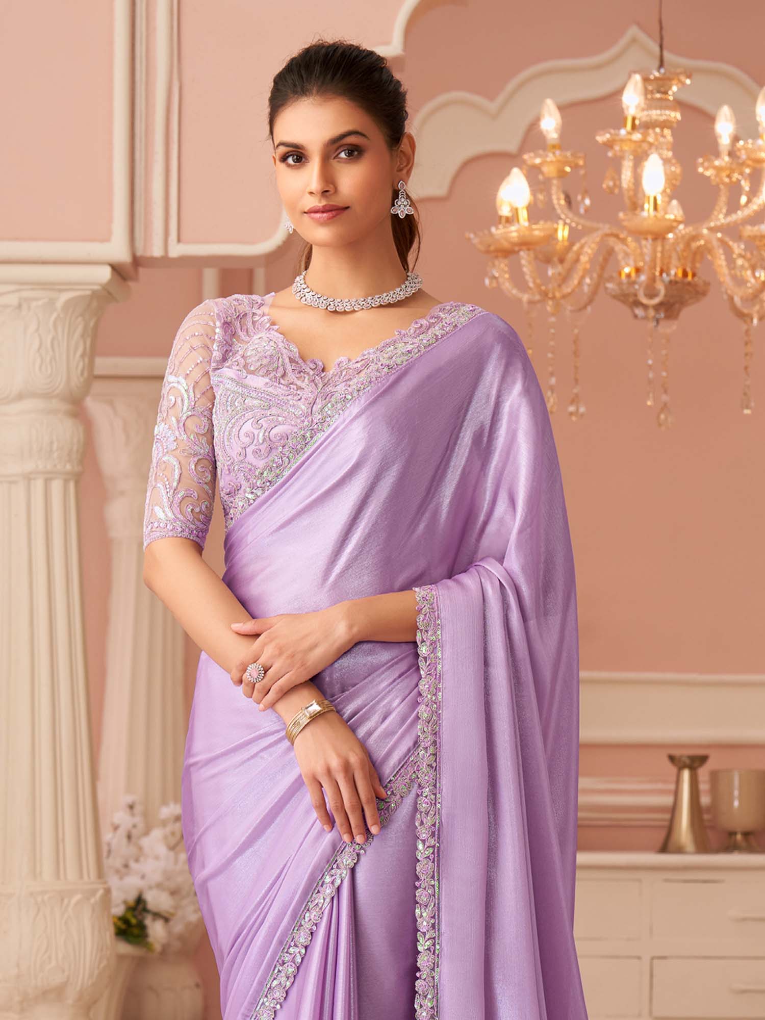 Lavendar Embellished Sequinned Georgette Saree - Ressa